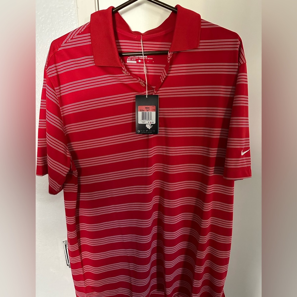 Nike Golf Red Striped Performance Polo Dri-Fit Shirt Men's Large L NEVER WORN